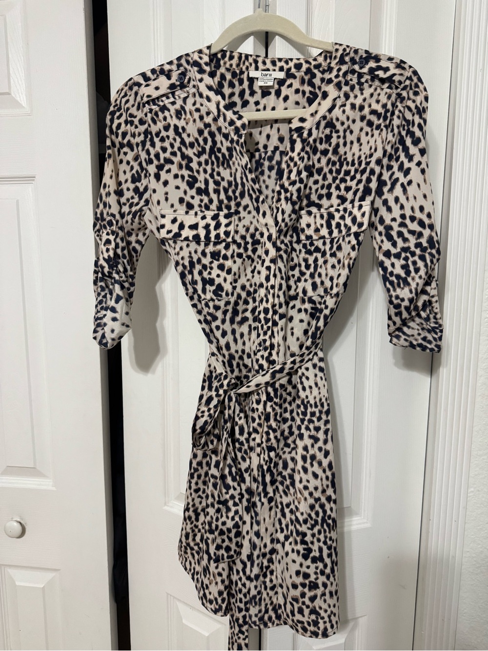 Bar III Black and Cream Leopard-Print Mini Shirt Dress